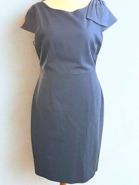Ted Baker Navy Bow Shoulder Sheath Dress Size 5 Gold Zip Fitted Midi